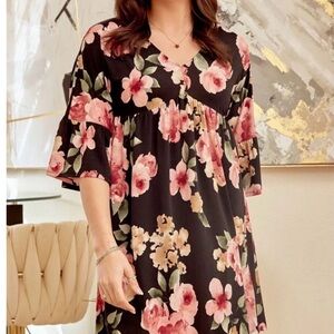 Chic Long Sleeve Floral Dress in Black and Pink